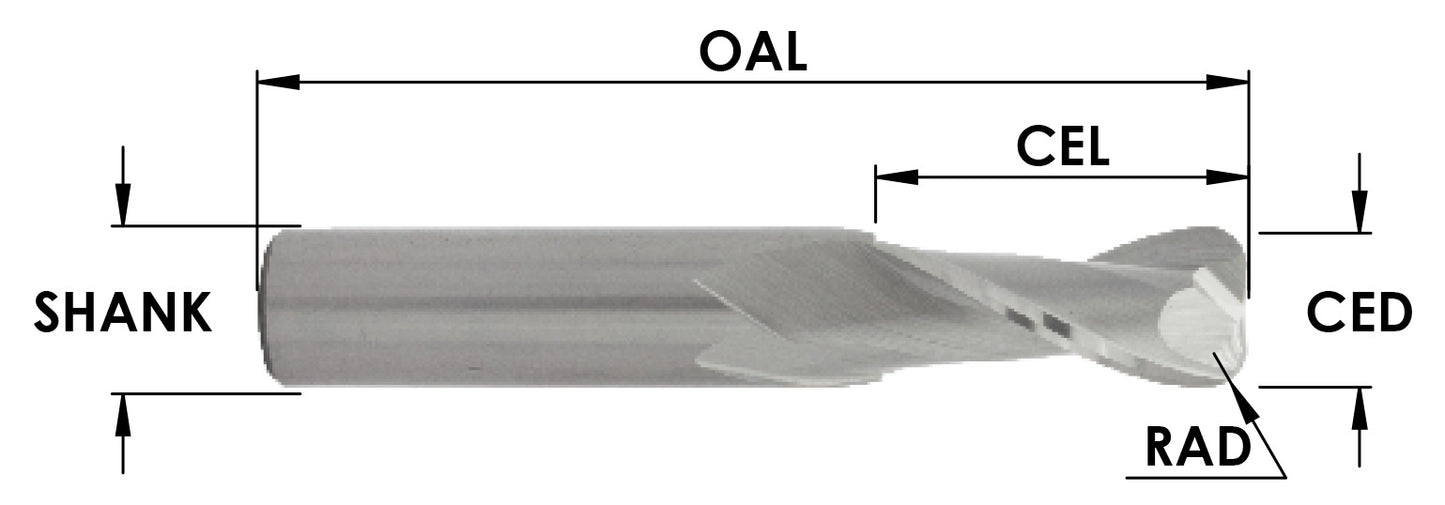 SC COVE NOSE SPIRAL, 2FL, 1/4 CD X 3/4 CL X 1/4 SHK, 3 OAL : 1/16 RAD