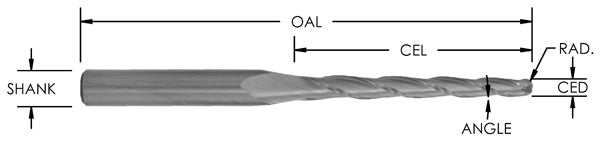 SC Tapered Ball Nose Upcut: 2 FL, 1/16 CD X 3/4 CL X 1/4 SHK X 2-1/2 OAL: 1/32 RAD, 5.5DEG.